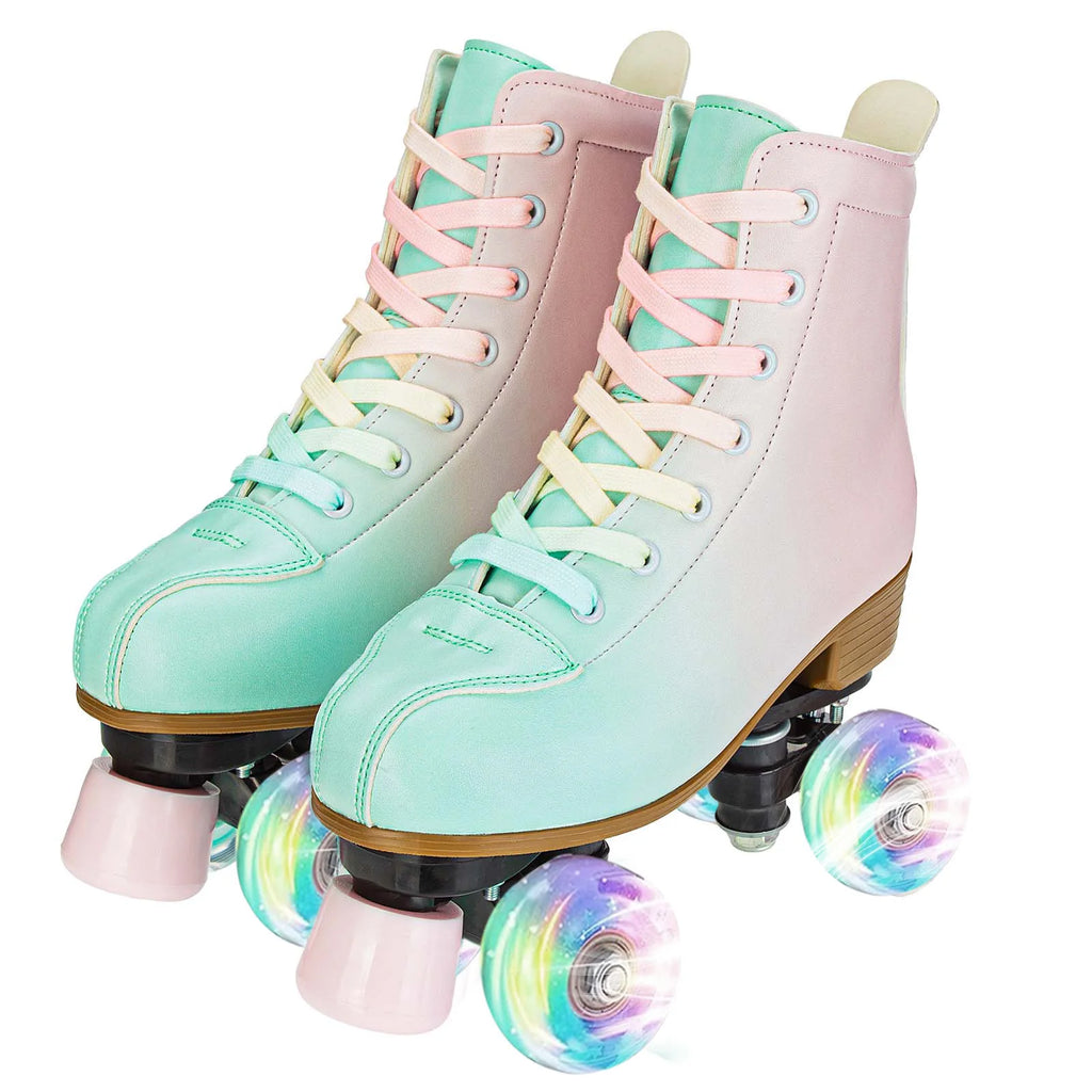 2024 PU Leather Flashing 4 Wheels Roller Skates For Women Double Row Skate Shoes Beginner Quad Sneaker Skating Ice Rink Training