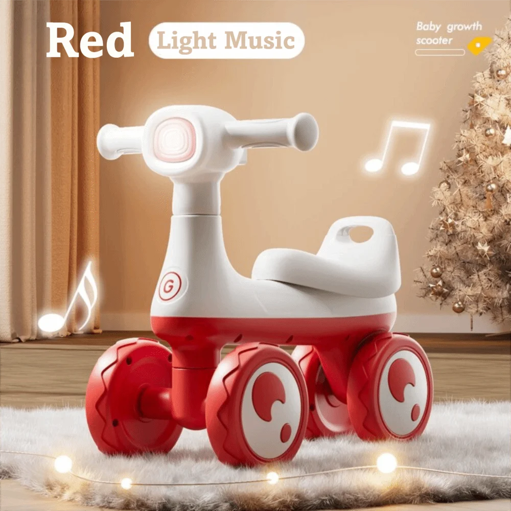 Cute 4 Wheels Baby Balance Bike with Music & Light Cartoon Mini Walker Balancing Sturdy Anti-slip Kids Scooter For 1-3 Years Old