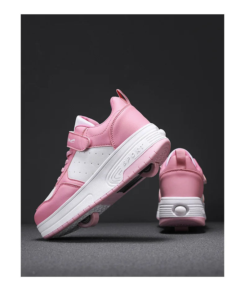 Magic Roller Skates Dual Wheel Slip-on Roller Skating Shoes 2024 New Spring Autumn Leather Surface Sports Shoes For Women Kids