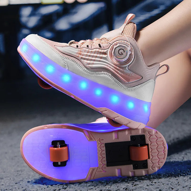 LED Lights Kids Roller Skate Shoes Detachable Boys Girls With 4 Wheels Running Deformation Adults Casual Parkour Skating Shoes