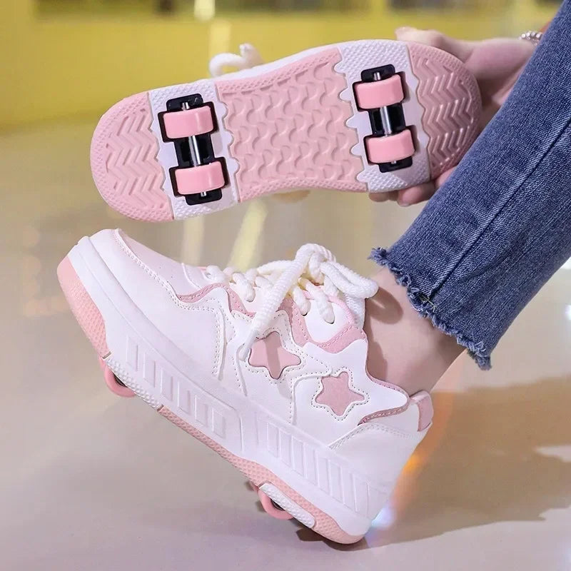 Removable Pulley Skate Skating Roller Skate Shoes for Boys Girls Upgraded Speed Sneakers with 4-Wheels for Kids Racing Skates