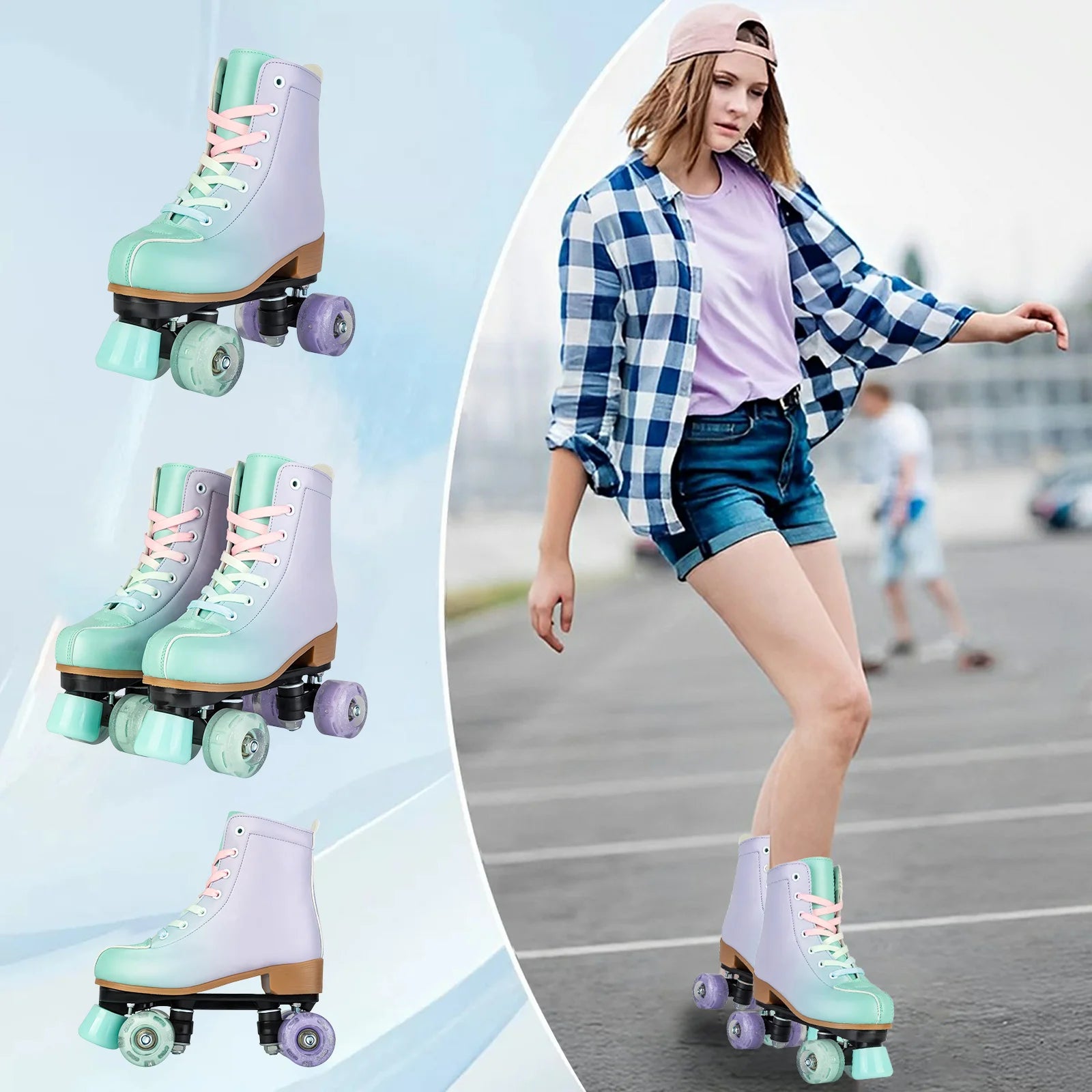 2024 PU Leather Flashing 4 Wheels Roller Skates For Women Double Row Skate Shoes Beginner Quad Sneaker Skating Ice Rink Training