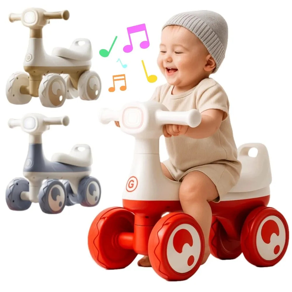 Cute 4 Wheels Baby Balance Bike with Music & Light Cartoon Mini Walker Balancing Sturdy Anti-slip Kids Scooter For 1-3 Years Old