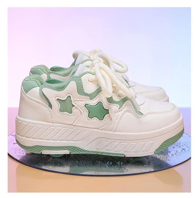 Removable Pulley Skate Skating Roller Skate Shoes for Boys Girls Upgraded Speed Sneakers with 4-Wheels for Kids Racing Skates