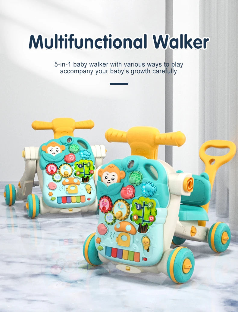 Versatile 5-in-1 Design Baby Walker Portable Toddler Trolley with Toys  6-12 Months Sit-to-Stand Learning Walker