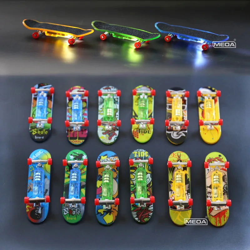 Luminous Metal Bridge Finger Skateboard Set Frosted Surface Mini Random Pattern Finger Skateboard with Light Set Kid Toy Gifts